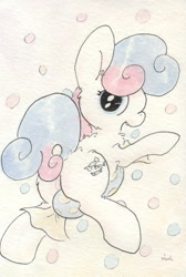 Size: 683x1015 | Tagged: safe, artist:slightlyshade, imported from derpibooru, bon bon, sweetie drops, female, polka dot background, solo, traditional art