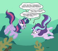 Size: 1967x1707 | Tagged: safe, artist:jbwarner86, imported from derpibooru, starlight glimmer, twilight sparkle, alicorn, pony, unicorn, every little thing she does, dialogue, duo, duo female, female, gurgling, mare, speech bubble, twilight sparkle (alicorn), underwater