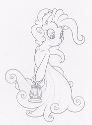 Size: 741x1000 | Tagged: safe, artist:dfectivedvice, imported from derpibooru, pinkie pie, ghost, female, grayscale, lamp, monochrome, solo