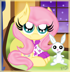 Size: 1210x1256 | Tagged: safe, artist:kelsey139, imported from derpibooru, angel bunny, fluttershy, clothes, couch, cute, female, shyabetes, solo