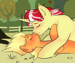 Size: 1192x1013 | Tagged: safe, artist:howlingatthemoon654, imported from derpibooru, applejack, flim, pony, duo, flimjack, kissing, male, on top, shipping, straight