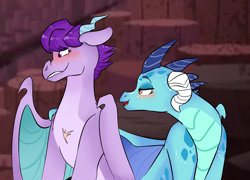 Size: 1024x737 | Tagged: safe, artist:howlingatthemoon654, imported from derpibooru, princess ember, prominence, dragon, bedroom eyes, blushing, cute, duo, emberence, female, hug, lesbian, lip bite, promibetes, scar, shipping, winghug