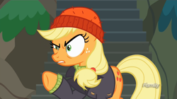 Size: 1566x878 | Tagged: safe, imported from derpibooru, screencap, applejack, pony, ppov, beanie, captain jackbeard, discovery family logo, female, hat, mare, solo