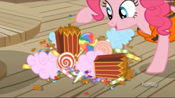 Size: 2531x1431 | Tagged: safe, imported from derpibooru, screencap, pinkie pie, pony, ppov, candy, cotton candy, female, food, lollipop, mare, peanut, solo