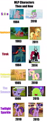 Size: 889x2326 | Tagged: safe, imported from derpibooru, applejack, applejack (g1), fluttershy, lord tirek, posey, smooze, smooze (g1), spike, spike (g1), twilight sparkle, alicorn, dragon, earth pony, pegasus, pony, unicorn, baby, baby dragon, bow, cloven hooves, comparison, female, g1, g1 to g4, g4, generation leap, hat, incorrect date, mare, tail bow, then and now, tirac, tirac's bag, tirek (g1), top hat, twilight sparkle (alicorn), unicorn twilight