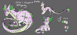 Size: 1600x744 | Tagged: safe, artist:earthsong9405, imported from derpibooru, oc, oc only, oc:river bay, dracony, hybrid, age progression, colored hooves, gray background, interspecies offspring, next generation, offspring, parent:spike, parent:sweetie belle, parents:spikebelle, realistic horse legs, reference sheet, simple background, solo