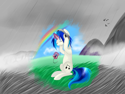 Size: 3072x2304 | Tagged: safe, artist:weird--fish, imported from derpibooru, dj pon-3, vinyl scratch, pony, unicorn, eyes closed, female, headphones, magic, mp3 player, rain, rainbow, smiling, solo, telekinesis