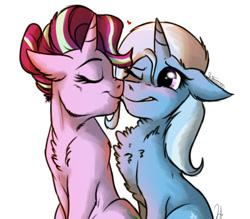Size: 800x700 | Tagged: safe, artist:shimazun, imported from derpibooru, starlight glimmer, trixie, pony, unicorn, boop, chest fluff, cute, female, floppy ears, fluffy, grin, heart, kissing, lesbian, mare, nose wrinkle, noseboop, one eye closed, shipping, simple background, smiling, startrix, white background, wink
