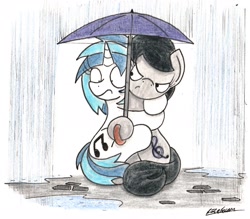 Size: 1685x1476 | Tagged: safe, artist:bobthedalek, imported from derpibooru, dj pon-3, octavia melody, vinyl scratch, earth pony, pony, unicorn, angry eyes, duo, octavia is not amused, rain, traditional art, umbrella, unamused