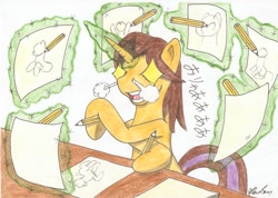 Size: 2336x1664 | Tagged: safe, artist:stardustchild01, imported from derpibooru, oc, oc only, oc:stardust, drawing, magic, paper, pencil, snorting, solo, traditional art