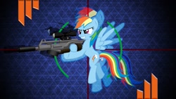 Size: 1191x670 | Tagged: safe, artist:itchykitchy, artist:laszlvfx, artist:ratchethun, edit, imported from derpibooru, rainbow dash, pegasus, pony, cutie mark, double, female, floating, flying, gun, hooves, mare, optical sight, rifle, sniper rifle, solo, spread wings, teeth, vector, wallpaper, wallpaper edit, weapon, wings