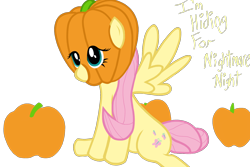 Size: 1800x1200 | Tagged: safe, artist:thelastenforcement, imported from derpibooru, fluttershy, cute, female, food, headdress, hiding, nightmare night, pumpkin, shyabetes, simple background, sitting, solo, speech, spread wings, transparent background