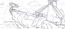 Size: 3500x1600 | Tagged: safe, artist:chapaevv, imported from derpibooru, fluttershy, cliff, eyes closed, feel good inc, female, lineart, monochrome, parody, sad, sitting, sky, solo, windmill, windswept hair, windswept mane