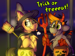 Size: 4336x3259 | Tagged: safe, artist:ralek, imported from derpibooru, oc, oc only, oc:digital import, oc:kribbles, earth pony, hippogriff, pony, broom, clothes, costume, devil, devil horns, fake teeth, food, halloween, hat, holiday, jack-o-lantern, nightmare night, pumpkin, pumpkin bucket, talking, talons, text, tongue out, trick or treat, witch, witch hat, young