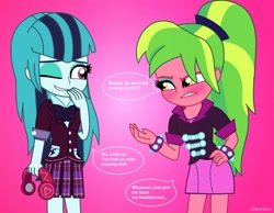 Size: 2432x1888 | Tagged: safe, artist:cbear624, imported from derpibooru, lemon zest, sonata dusk, equestria girls, friendship games, rainbow rocks, blushing, clothes swap, female, lemonata, lesbian, ponytail, shipping