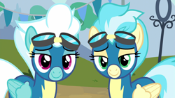 Size: 1920x1080 | Tagged: safe, imported from derpibooru, screencap, fleetfoot, misty fly, pegasus, pony, newbie dash, bedroom eyes, clothes, duo, female, goggles, goggles on head, lidded eyes, looking at you, mare, sexy, smiling, smiling at you, stupid sexy fleetfoot, wonderbolts uniform