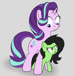 Size: 785x815 | Tagged: safe, artist:lovepaddles, imported from derpibooru, starlight glimmer, oc, oc:filly anon, earth pony, pony, unicorn, angry, duo, female, filly, gray background, looking down, mare, nose wrinkle, scrunchy face, simple background, smiling