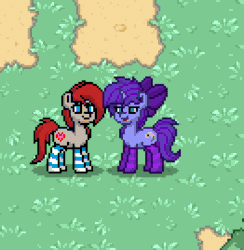 Size: 524x536 | Tagged: safe, artist:seafooddinner, imported from derpibooru, oc, oc only, oc:ponepony, oc:seafood dinner, earth pony, pony, unicorn, pony town, :p, angry, animated, boop, bow, clothes, duo, duo female, earth pony oc, female, frown, gif, grass, hair bow, horn, lidded eyes, loop, mare, open mouth, open smile, outdoors, pixel art, smiling, socks, standing, striped socks, tongue out, unicorn oc