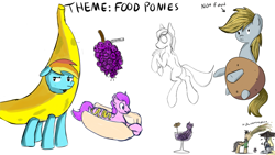 Size: 1920x1080 | Tagged: safe, artist:ailynd, artist:brainflowcrash, artist:living_dead, artist:masaryk, artist:strangersaurus, imported from derpibooru, daring do, derpy hooves, pinkie pie, rainbow dash, twilight sparkle, food pony, original species, pegasus, pony, banana, cocktail, drawpile disasters, female, food, hot dog, mare, meat, sausage, vomiting
