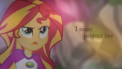 Size: 1920x1080 | Tagged: safe, artist:paulysentry, deleted from derpibooru, imported from derpibooru, sunset shimmer, equestria girls, legend of everfree, clothes, open mouth, solo, text, wallpaper