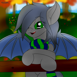 Size: 1500x1500 | Tagged: safe, artist:eclipsepenumbra, imported from derpibooru, oc, oc only, oc:eclipse penumbra, bat pony, pony, autumn, bat wings, clothes, crossed hooves, fangs, hair over one eye, looking at you, scarf, smiling, solo