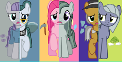 Size: 1414x724 | Tagged: safe, artist:diana173076, imported from derpibooru, cloudy quartz, igneous rock pie, limestone pie, marble pie, maud pie, pinkie pie, pony, alternate cutie mark, alternate eye color, eyelashes, female, male, mare, pie family, pie sisters, quartzrock, siblings, sisters, stallion, what my cutie mark is telling me