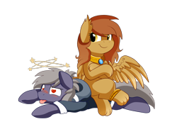 Size: 2494x1816 | Tagged: safe, artist:pridark, imported from derpibooru, oc, oc only, oc:beat, oc:cleo, earth pony, pony, sphinx, blushing, circling stars, commission, crossed legs, cute, dizzy, duo, heart eyes, knockout, simple background, sitting, sitting on pony, sphinx oc, tongue out, transparent background, wingding eyes, wrestling, wristband