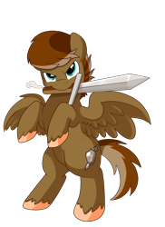 Size: 2550x3509 | Tagged: safe, artist:pridark, imported from derpibooru, oc, oc only, oc:time saber, pegasus, pony, commission, mouth hold, rearing, simple background, solo, sword, transparent background, unshorn fetlocks