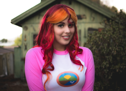 Size: 1024x738 | Tagged: safe, artist:maddymoiselle, imported from derpibooru, photographer:taps, sunset shimmer, human, equestria girls, legend of everfree, camp everfree, clothes, cosplay, costume, irl, irl human, photo, smiling, solo