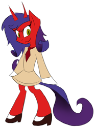 Size: 774x1041 | Tagged: safe, artist:colossalstinker, imported from derpibooru, rarity, demon, demon pony, pony, semi-anthro, unicorn, bipedal, clothes, crossover, daemon scanty, demon horns, devil horns, female, horns, looking at you, panty and stocking with garterbelt, simple background, smiling, solo, white background