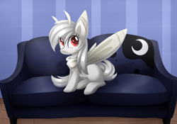 Size: 3000x2100 | Tagged: safe, artist:scarlet-spectrum, imported from derpibooru, oc, oc only, oc:chrome rain, mothpony, original species, couch, cute, red eyes, solo