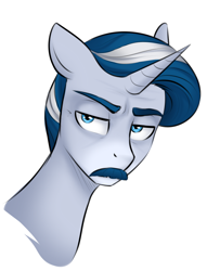 Size: 610x797 | Tagged: safe, artist:askbubblelee, imported from derpibooru, oc, oc only, oc:silver lining, pony, unicorn, blue eyes, facial hair, moustache, simple background, solo, unamused, white background