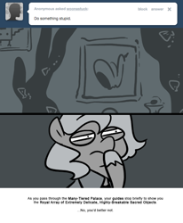 Size: 666x809 | Tagged: safe, artist:egophiliac, imported from derpibooru, princess luna, pony, moonstuck, ask, cartographer's cloak, comic, cute, female, filly, frown, grayscale, monochrome, solo, thinking, tumblr, woona, woonoggles, younger