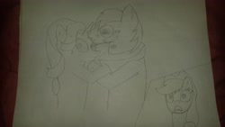 Size: 5312x2988 | Tagged: artist needed, safe, imported from derpibooru, applejack, big macintosh, starlight glimmer, earth pony, pony, caught, glimmermac, kiss mark, kisses, male, monochrome, stallion, starmac glimmer, traditional art