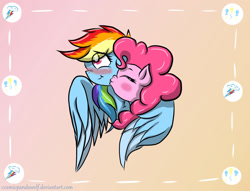 Size: 1280x980 | Tagged: safe, artist:cozmicpandawolf, imported from derpibooru, pinkie pie, rainbow dash, earth pony, pegasus, pony, blushing, cheek kiss, duo, female, kissing, lesbian, mare, pinkiedash, shipping