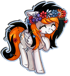 Size: 681x739 | Tagged: safe, artist:kyaokay, imported from derpibooru, oc, oc only, oc:rainy sky, pegasus, pony, eyes closed, floral head wreath, happy, simple background, smiling, solo, transparent background