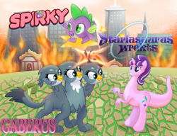 Size: 933x716 | Tagged: safe, imported from derpibooru, gabby, spike, starlight glimmer, cerberus, dinosaur, tyrannosaurus rex, crossover, dinosaurified, kirby, kirby (character), kirby (series), kirby spike, kirbyfied, multiple heads, not salmon, puffball, random, species swap, three heads, versus, wat