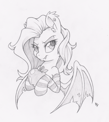 Size: 893x1000 | Tagged: dead source, safe, artist:dfectivedvice, imported from derpibooru, fluttershy, bat pony, pony, apple, bust, clothes, female, flutterbat, food, grayscale, monochrome, race swap, simple background, socks, solo, striped socks, traditional art, white background