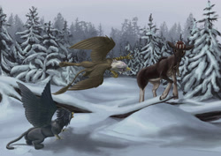 Size: 4677x3307 | Tagged: safe, artist:kirillk, imported from derpibooru, oc, oc only, oc:vsevolod, elk, griffon, ponies after people, fanfic, fanfic art, griffon oc, hunting, snow, winter