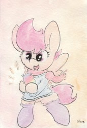 Size: 675x986 | Tagged: safe, artist:slightlyshade, imported from derpibooru, scootaloo, pony, bipedal, clothes, female, holding, hoof hold, leaf, misleading thumbnail, socks, solo, sweater, traditional art