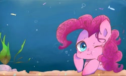 Size: 512x308 | Tagged: safe, artist:naginiko, imported from derpibooru, pinkie pie, fish, cute, diapinkes, female, heart eyes, looking at you, ocean, one eye closed, solo, underwater, water, wingding eyes, wink