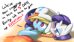 Size: 2100x1200 | Tagged: dead source, safe, artist:captainpudgemuffin, imported from derpibooru, rainbow dash, rarity, pegasus, pony, unicorn, bed, behaving like a cat, blanket, blushing, captainpudgemuffin is trying to murder us, cute, dashabetes, dialogue, female, hair over one eye, imma snuggle you, lesbian, lidded eyes, mare, no pupils, on back, one eye closed, open mouth, pony hat, rarara, raribetes, raricat, raridash, rarihat, rarity riding rainbow dash, riding, shipping, simple background, snuggling, sweat, white background, wide eyes, wink