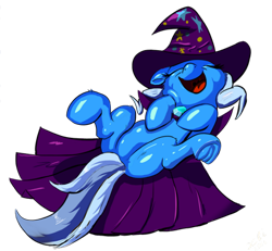 Size: 400x370 | Tagged: safe, artist:xbi, imported from derpibooru, trixie, pony, unicorn, cute, female, laughing, mare, nose in the air, on back, simple background, solo, transparent background, trixie's cape, trixie's hat, underhoof