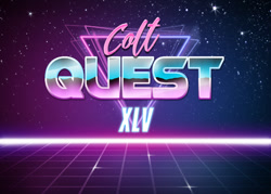 Size: 750x537 | Tagged: safe, imported from derpibooru, colt quest, 80s, color, logo, recap, retro, retrowave, stars, style emulation, title, title card