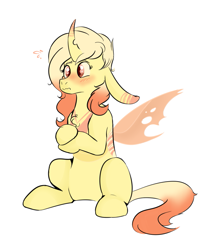 Size: 933x1079 | Tagged: safe, artist:howlingatthemoon654, imported from derpibooru, oc, oc only, oc:nymph, changeling, changepony, hybrid, bio, changeling oc, changeling pony, magical lesbian spawn, next generation, offspring, orange changeling, parent:princess celestia, parent:queen chrysalis, parents:chryslestia, solo