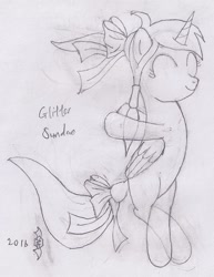 Size: 953x1233 | Tagged: safe, artist:parclytaxel, imported from derpibooru, oc, oc only, oc:glitter sundae, alicorn, pony, alicorn oc, bow, dancing, eyes closed, hair bow, happy, lineart, monochrome, pencil drawing, ponytail, ribbon, smiling, solo, tail bow, traditional art