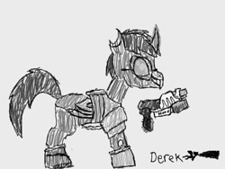 Size: 640x480 | Tagged: safe, artist:derek the metagamer, imported from derpibooru, oc, oc only, oc:emerald rook, changeling, armor, art academy, changeling oc, digital art, doom guy, doomcolt, doomguy, dragoning, grayscale, monochrome, pencil, solo, super soaker, wings