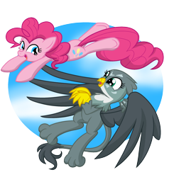 Size: 2000x2100 | Tagged: safe, artist:geraritydevillefort, imported from derpibooru, gabby, pinkie pie, griffon, the fault in our cutie marks, duo, flying