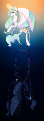 Size: 900x2436 | Tagged: safe, artist:cybercircuit, imported from derpibooru, princess celestia, princess luna, classical unicorn, bondage, colored wings, colored wingtips, crying, eyes closed, flying, hanging, leonine tail, magic, spread wings, suspended