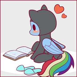 Size: 1125x1125 | Tagged: safe, artist:symbianl, imported from derpibooru, part of a set, rainbow dash, read it and weep, blushing, book, catsuit, chibi, clothes, cute, dashabetes, female, heart, part of a series, reading, slippers, solo, symbianl is trying to murder us, symbianl's chibis